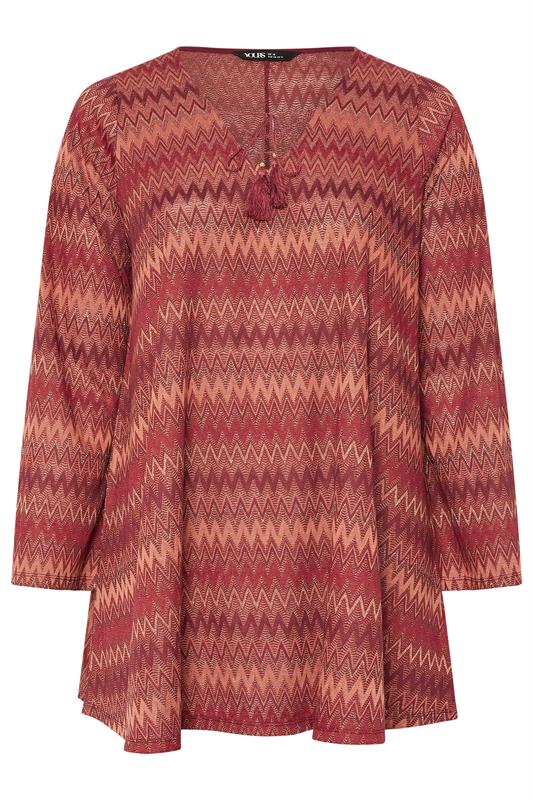 Metallic Zig Zag Tie Neck Tunic Top