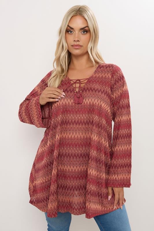 Metallic Zig Zag Tie Neck Tunic Top