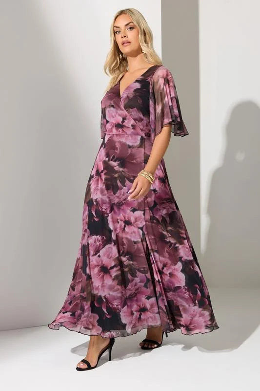 Dark Pink Floral Mesh Wrap Maxi Dress