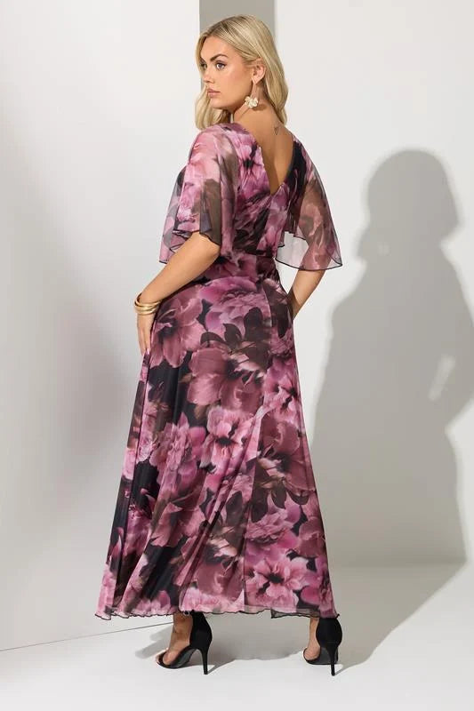 Dark Pink Floral Mesh Wrap Maxi Dress