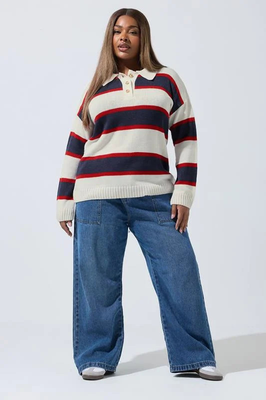 White Stripe Rugby Collar Knitted Jumper