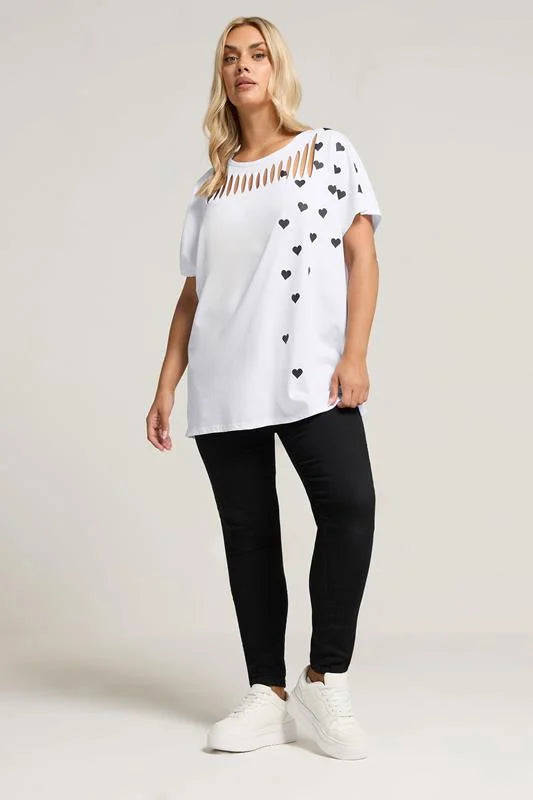 Printed Heart Slash Detail Top