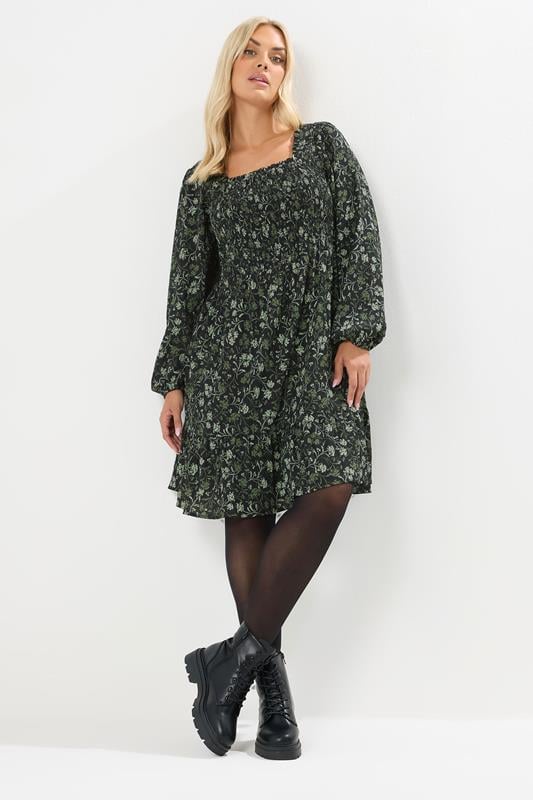 Green Floral Shirred Mini Dress