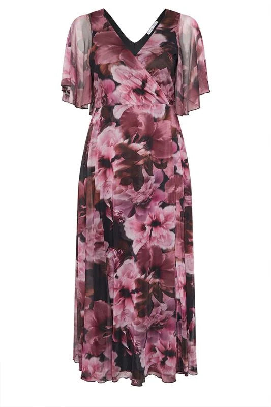 Dark Pink Floral Mesh Wrap Maxi Dress