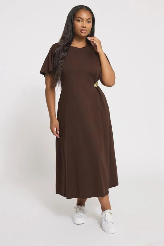 Brown Button Detail Midi Dress