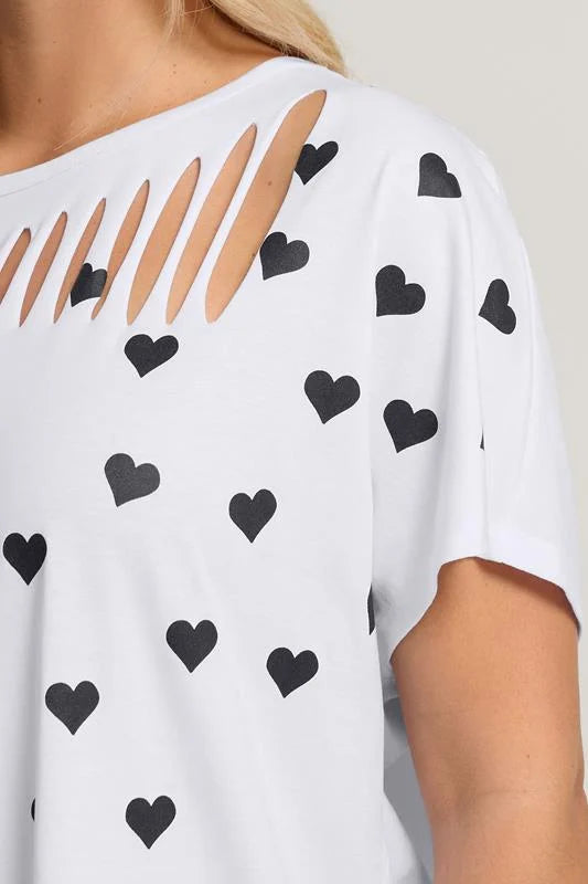 Printed Heart Slash Detail Top