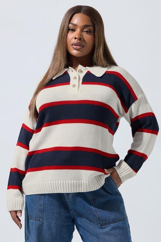 White Stripe Rugby Collar Knitted Jumper
