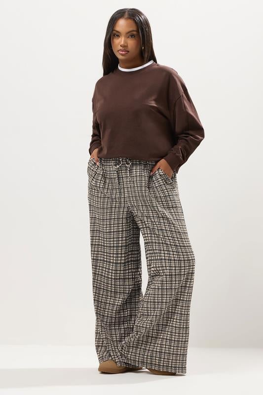 Natural Brown Check Wide Leg Trousers