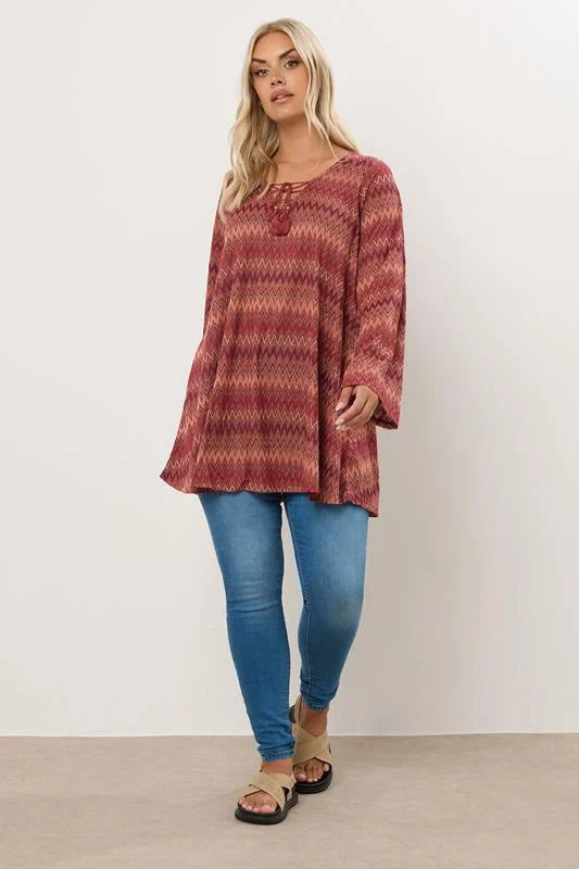 Metallic Zig Zag Tie Neck Tunic Top