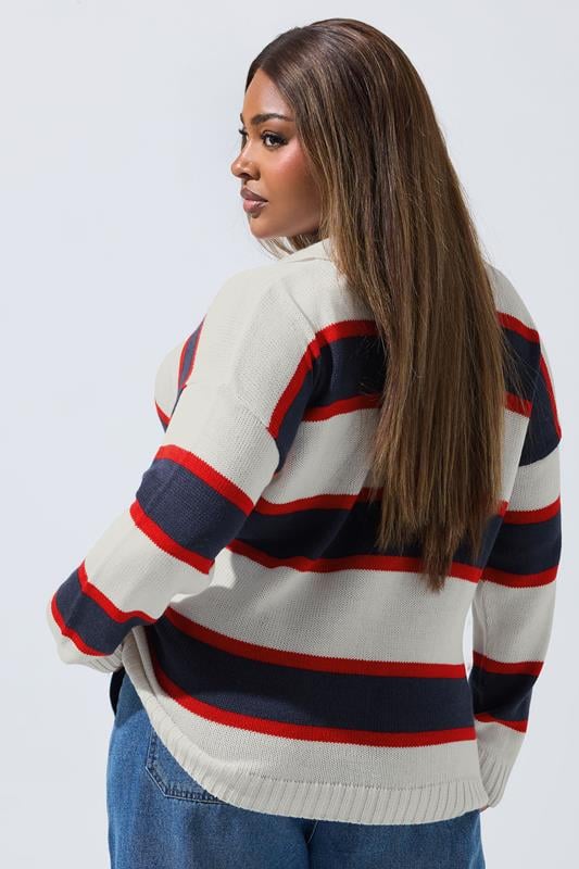 White Stripe Rugby Collar Knitted Jumper