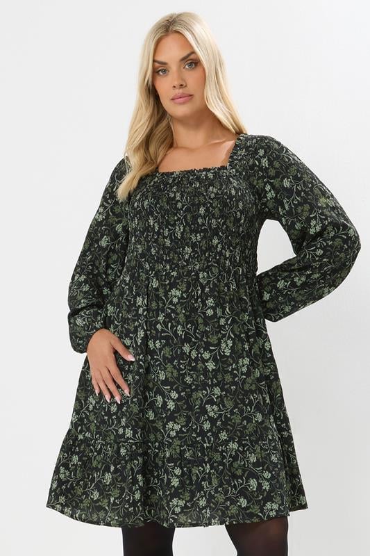 Green Floral Shirred Mini Dress
