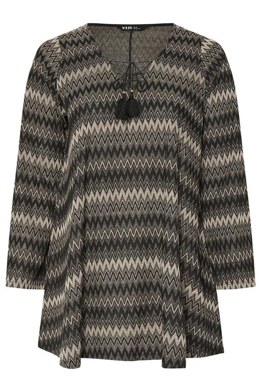 Metallic Zig Zag Tie Neck Tunic Top