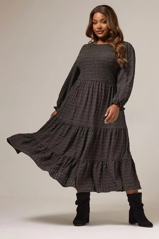 Brown Textured Tiered Maxi Dress