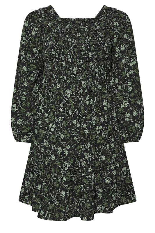 Green Floral Shirred Mini Dress