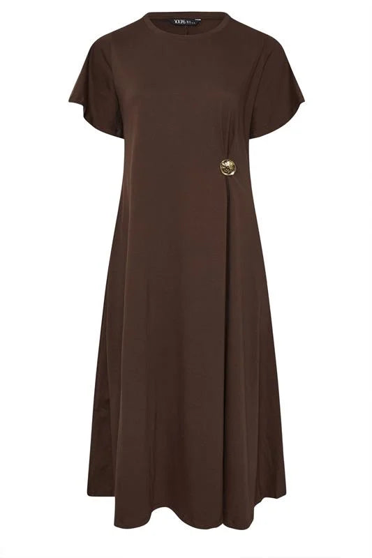 Brown Button Detail Midi Dress