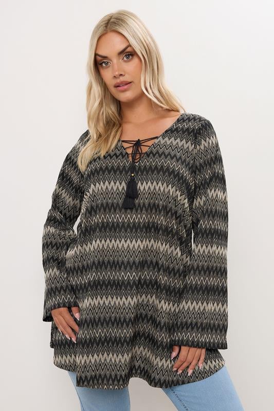 Metallic Zig Zag Tie Neck Tunic Top