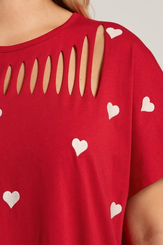 Printed Heart Slash Detail Top