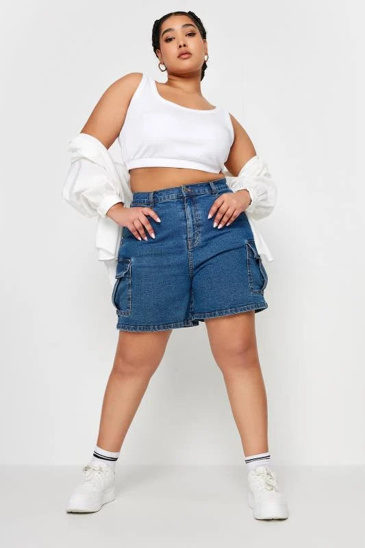 Mid Blue Stretch Denim Cargo Shorts