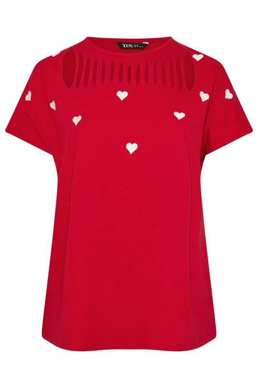 Printed Heart Slash Detail Top