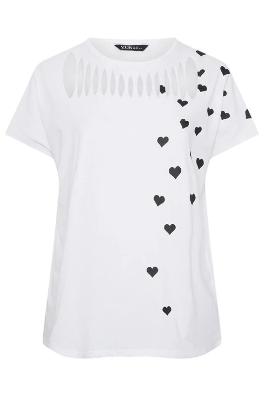 Printed Heart Slash Detail Top