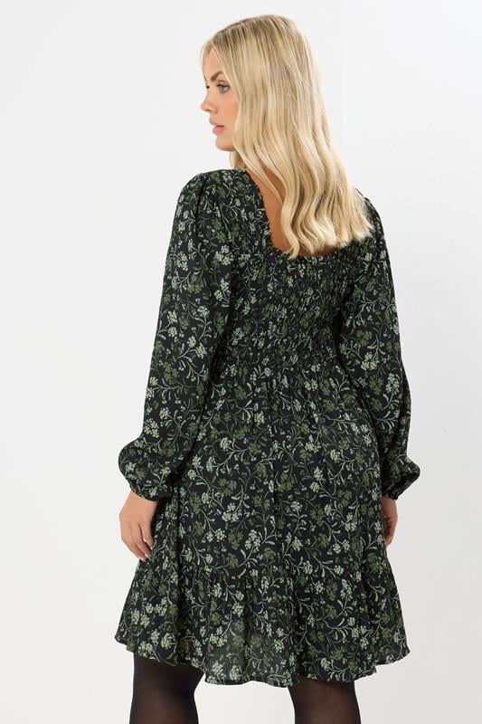 Green Floral Shirred Mini Dress