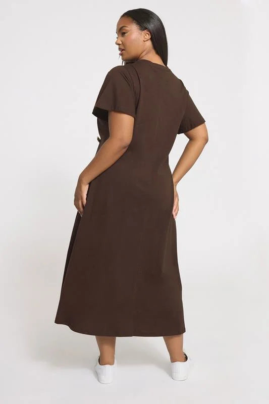 Brown Button Detail Midi Dress