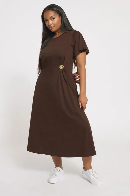 Brown Button Detail Midi Dress