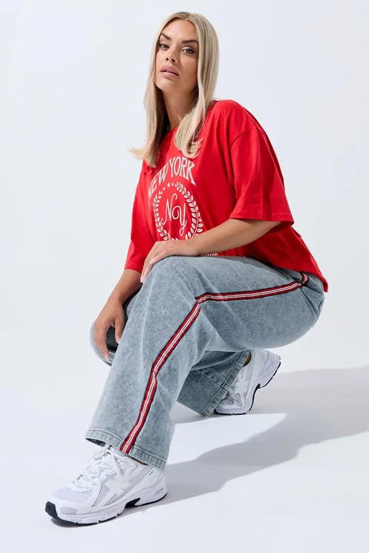 Blue Side Stripe Wide Leg Jeans