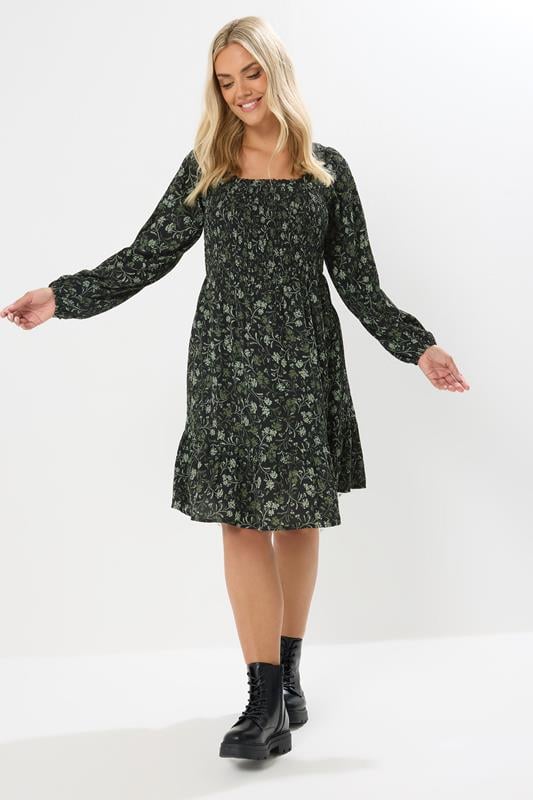 Green Floral Shirred Mini Dress