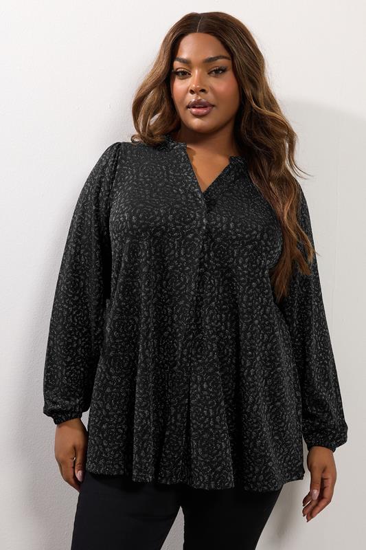 Black Metallic Pleated Top