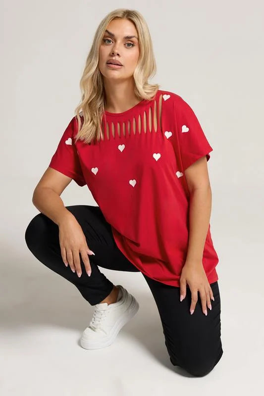 Printed Heart Slash Detail Top