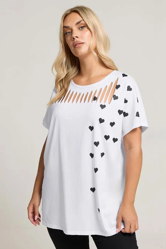 Printed Heart Slash Detail Top